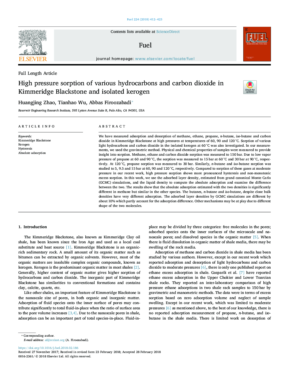 High pressure sorption of various hydrocarbons and carbon dioxide in Kimmeridge Blackstone and isolated kerogen