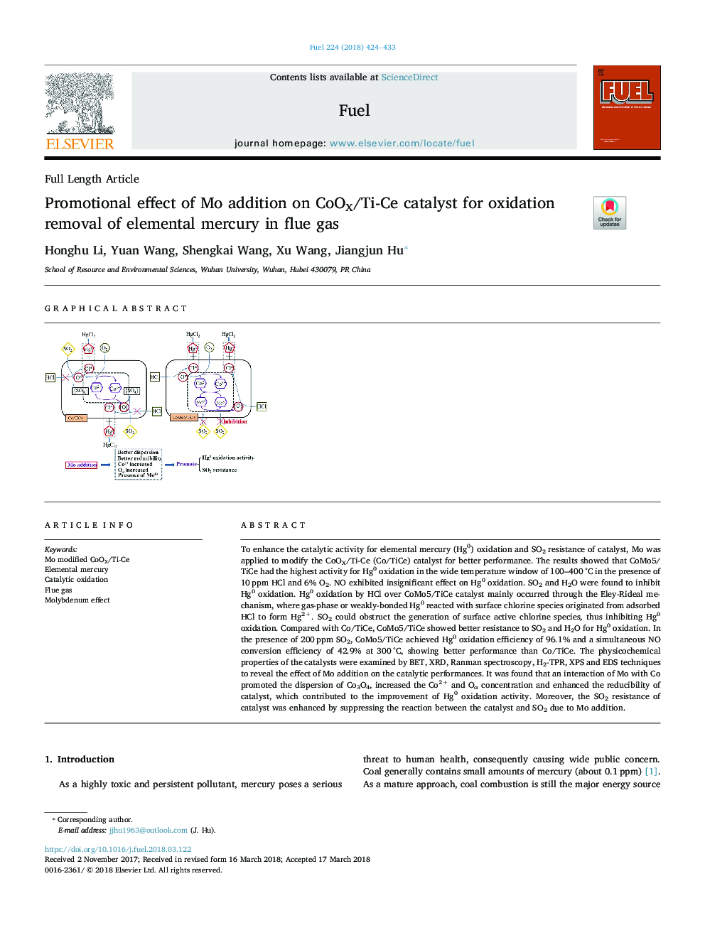 Promotional effect of Mo addition on CoOX/Ti-Ce catalyst for oxidation removal of elemental mercury in flue gas