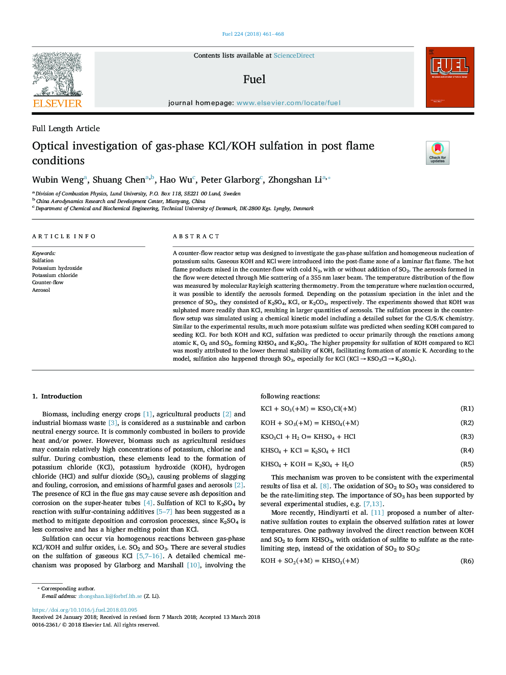 Optical investigation of gas-phase KCl/KOH sulfation in post flame conditions