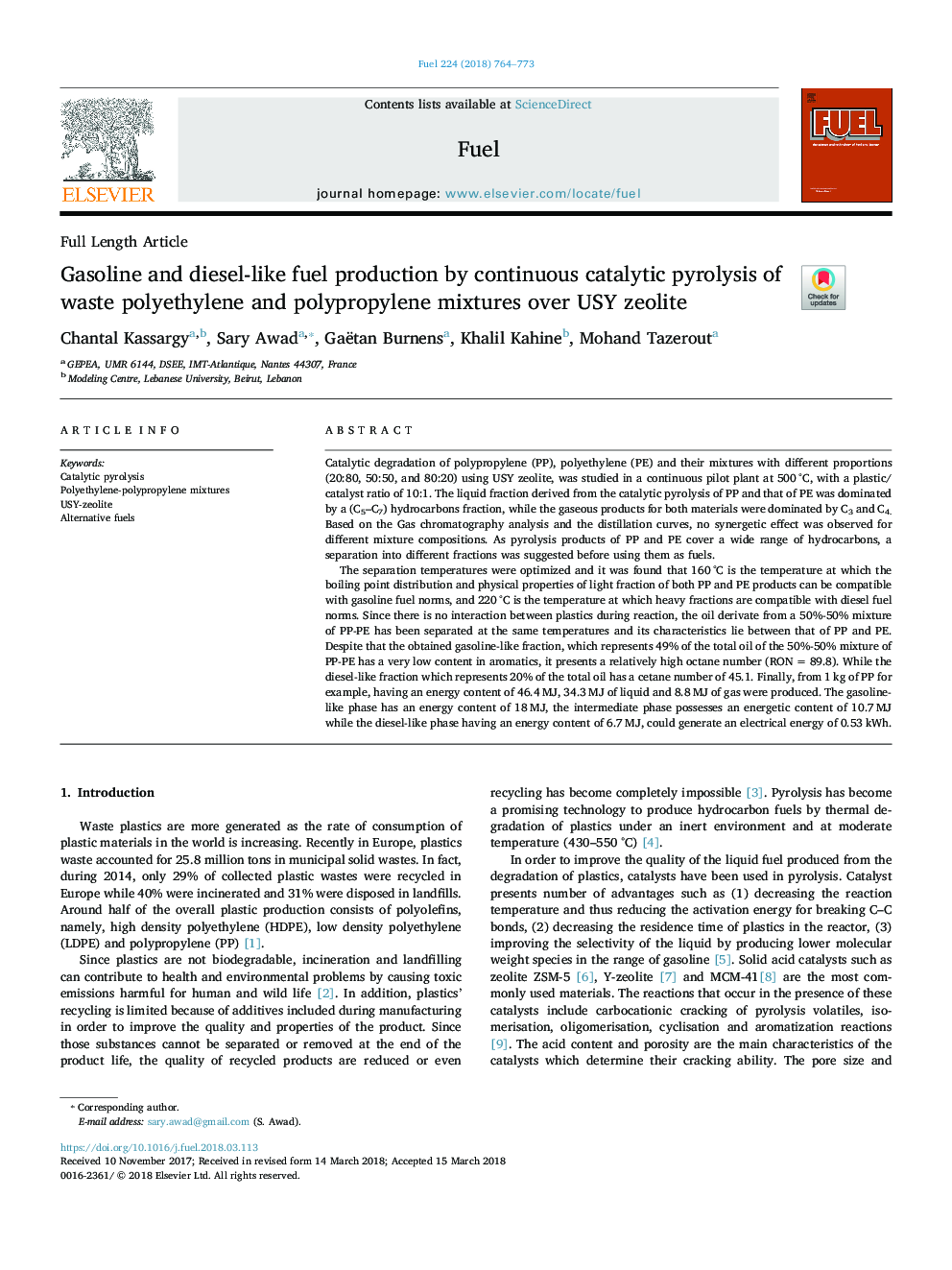 Gasoline and diesel-like fuel production by continuous catalytic pyrolysis of waste polyethylene and polypropylene mixtures over USY zeolite