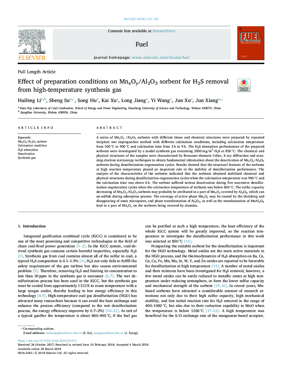 Effect of preparation conditions on MnxOy/Al2O3 sorbent for H2S removal from high-temperature synthesis gas