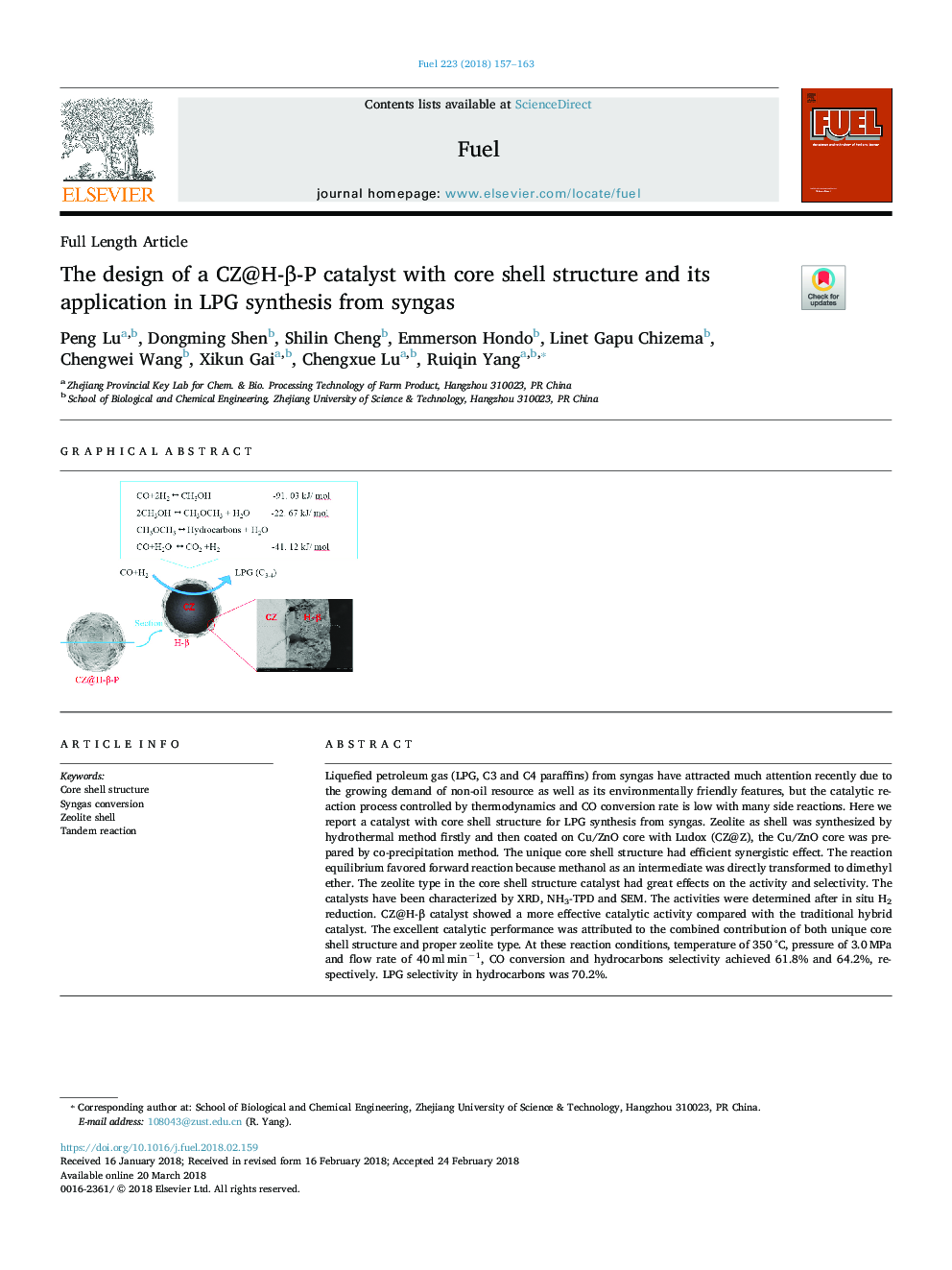 The design of a CZ@H-Î²-P catalyst with core shell structure and its application in LPG synthesis from syngas