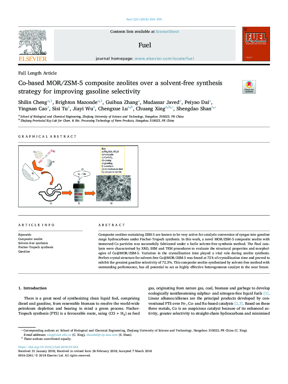 Co-based MOR/ZSM-5 composite zeolites over a solvent-free synthesis strategy for improving gasoline selectivity