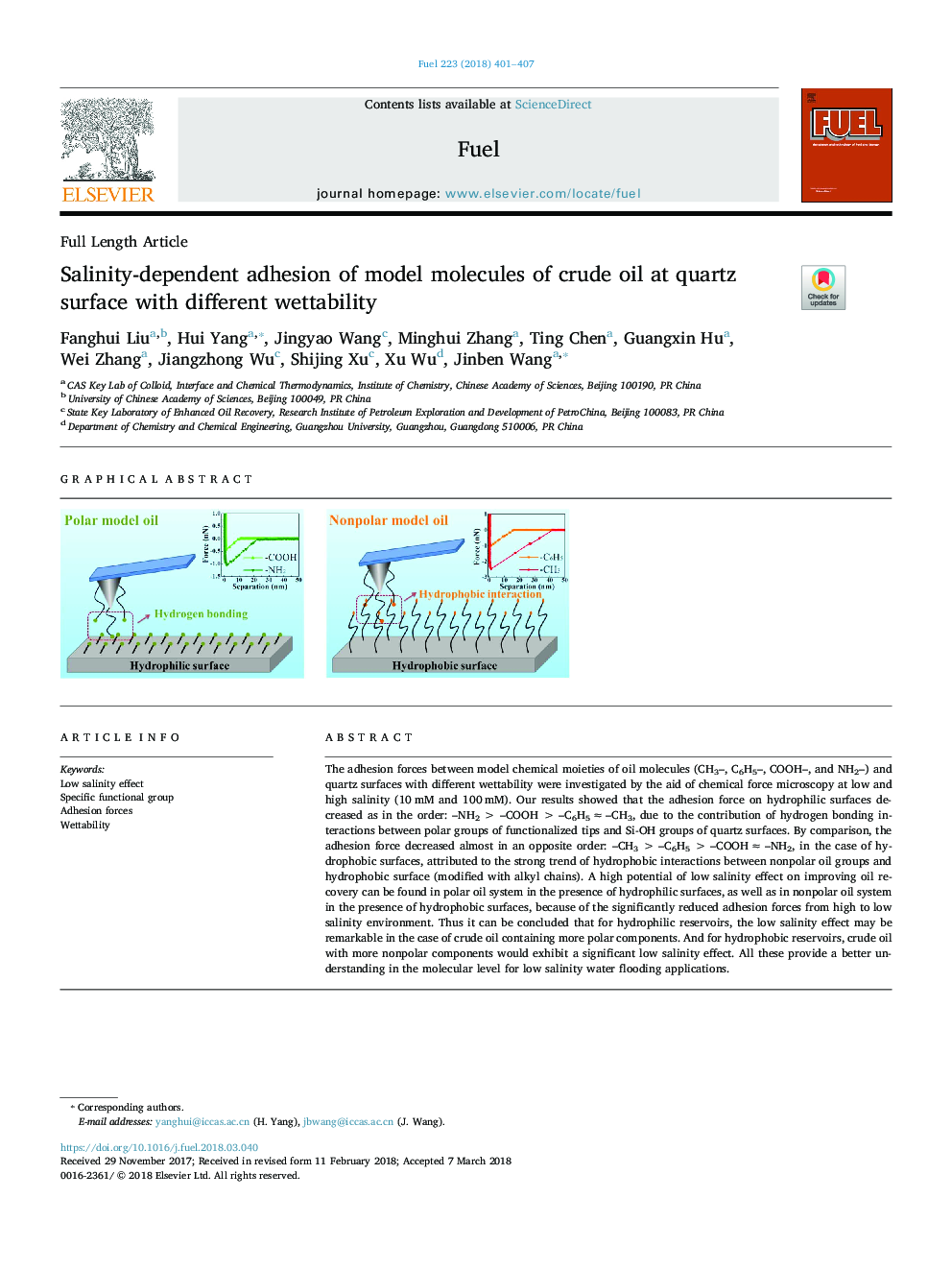 Salinity-dependent adhesion of model molecules of crude oil at quartz surface with different wettability