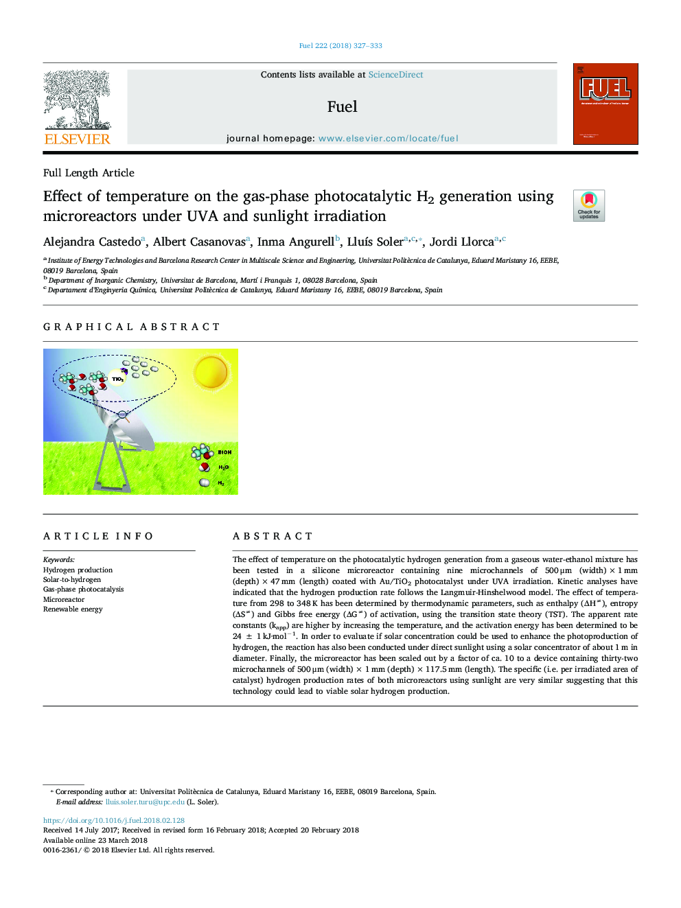 Effect of temperature on the gas-phase photocatalytic H2 generation using microreactors under UVA and sunlight irradiation