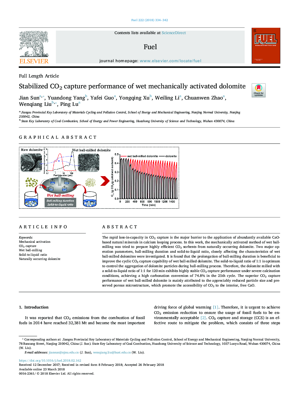 Stabilized CO2 capture performance of wet mechanically activated dolomite