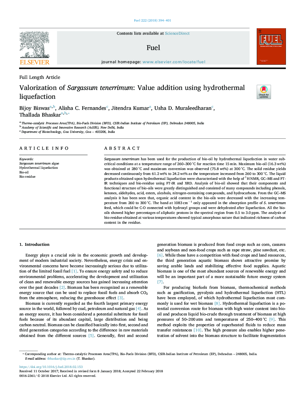 Valorization of Sargassum tenerrimum: Value addition using hydrothermal liquefaction