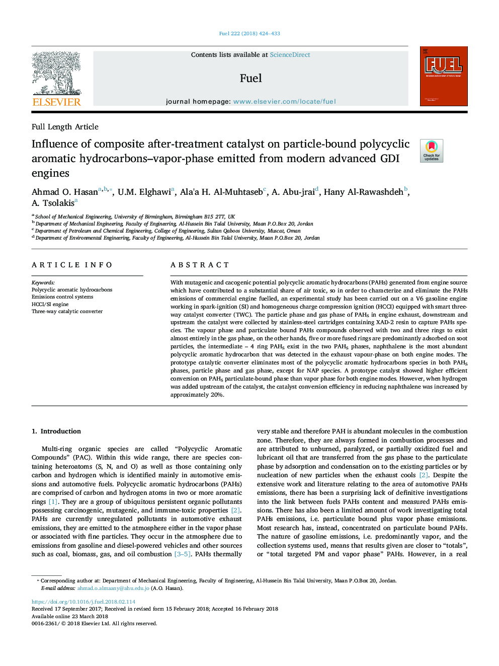 Influence of composite after-treatment catalyst on particle-bound polycyclic aromatic hydrocarbons-vapor-phase emitted from modern advanced GDI engines