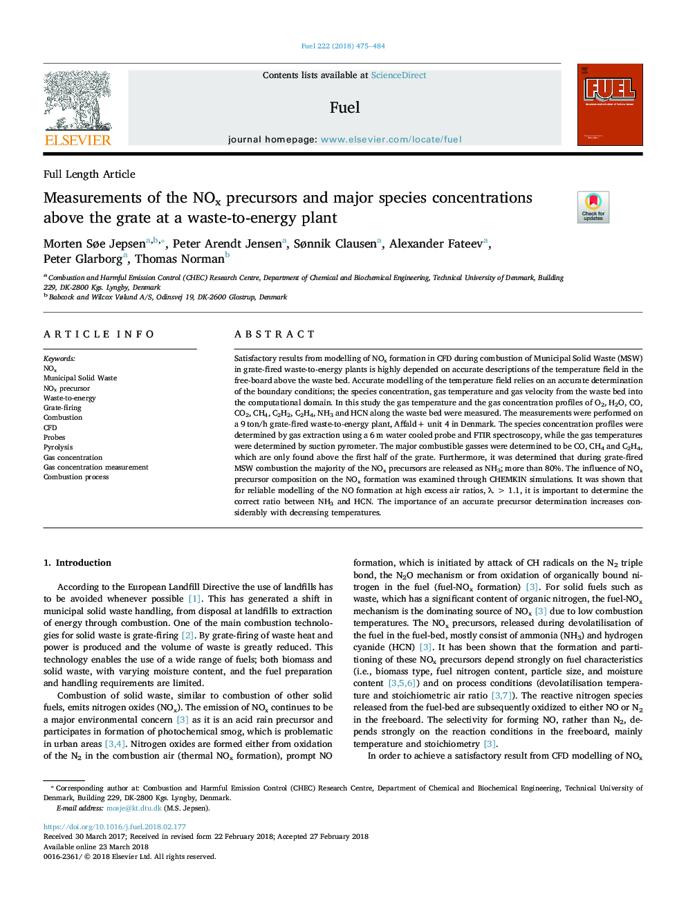 Measurements of the NOx precursors and major species concentrations above the grate at a waste-to-energy plant