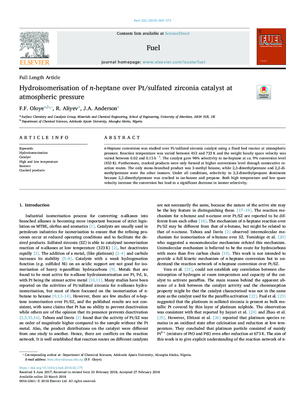 Hydroisomerisation of n-heptane over Pt/sulfated zirconia catalyst at atmospheric pressure