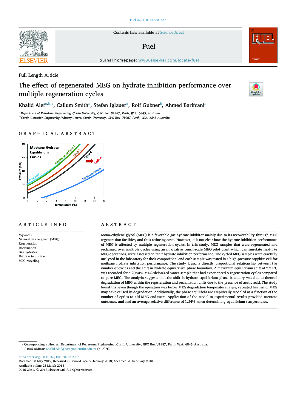 The effect of regenerated MEG on hydrate inhibition performance over multiple regeneration cycles