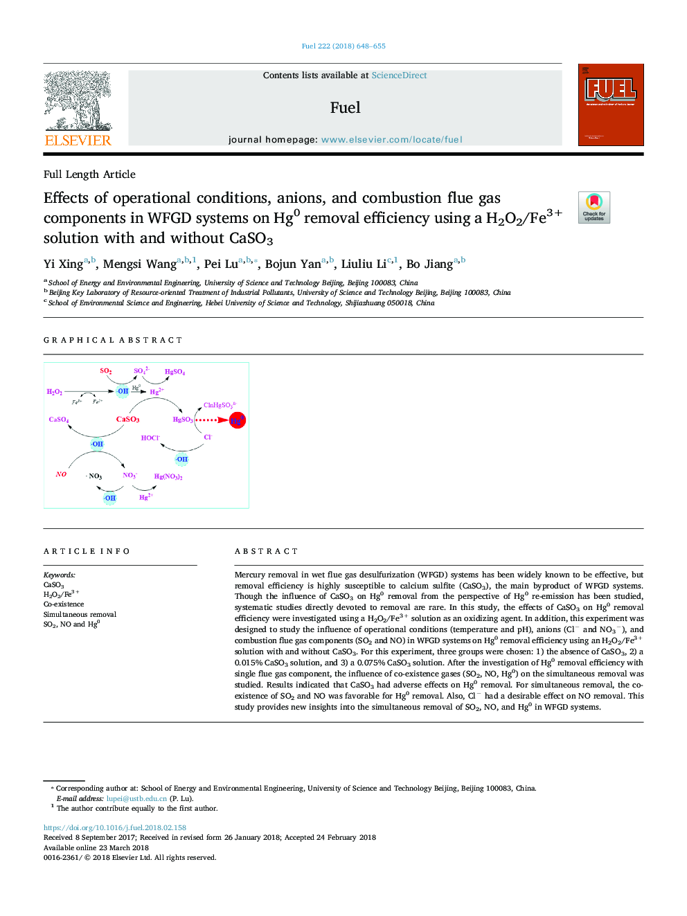 Effects of operational conditions, anions, and combustion flue gas components in WFGD systems on Hg0 removal efficiency using a H2O2/Fe3+ solution with and without CaSO3