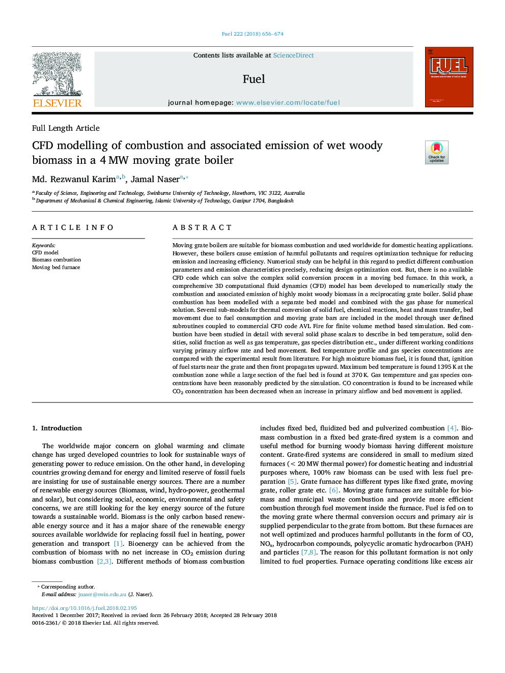 CFD modelling of combustion and associated emission of wet woody biomass in a 4â¯MW moving grate boiler