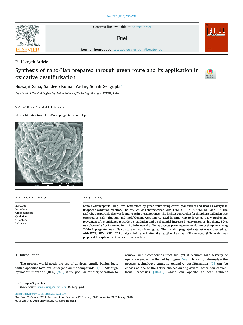 Synthesis of nano-Hap prepared through green route and its application in oxidative desulfurisation