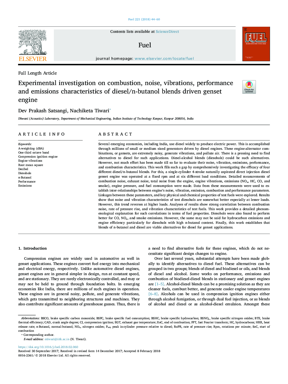 Experimental investigation on combustion, noise, vibrations, performance and emissions characteristics of diesel/n-butanol blends driven genset engine