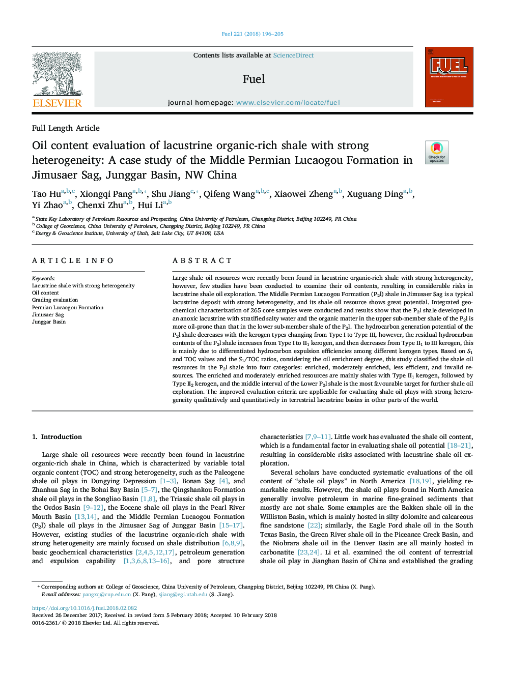 Oil content evaluation of lacustrine organic-rich shale with strong heterogeneity: A case study of the Middle Permian Lucaogou Formation in Jimusaer Sag, Junggar Basin, NW China