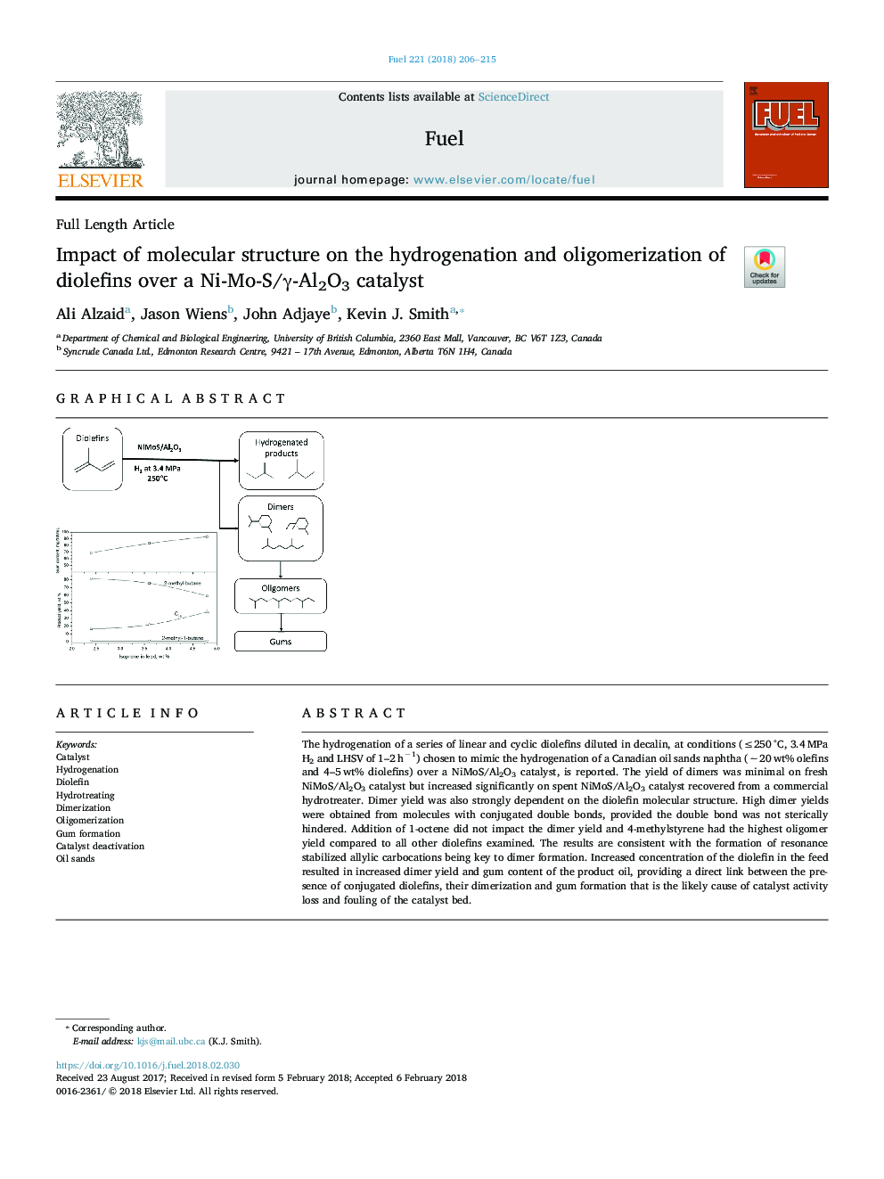 Impact of molecular structure on the hydrogenation and oligomerization of diolefins over a Ni-Mo-S/Î³-Al2O3 catalyst
