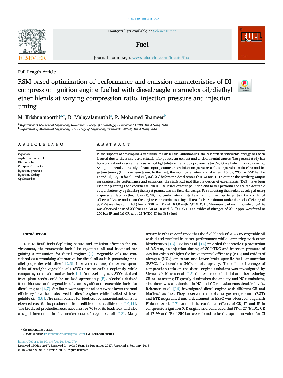 RSM based optimization of performance and emission characteristics of DI compression ignition engine fuelled with diesel/aegle marmelos oil/diethyl ether blends at varying compression ratio, injection pressure and injection timing