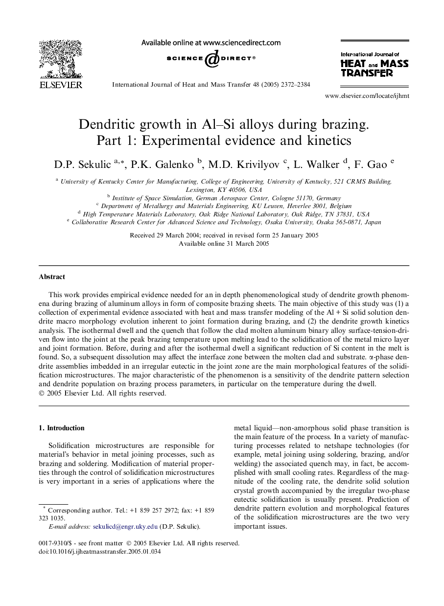 Dendritic growth in Al–Si alloys during brazing. Part 1: Experimental evidence and kinetics