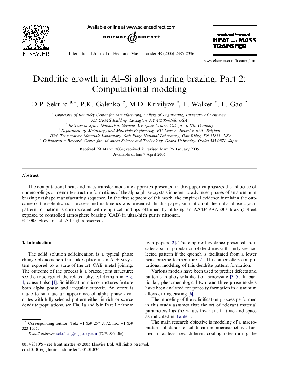 Dendritic growth in Al–Si alloys during brazing. Part 2: Computational modeling