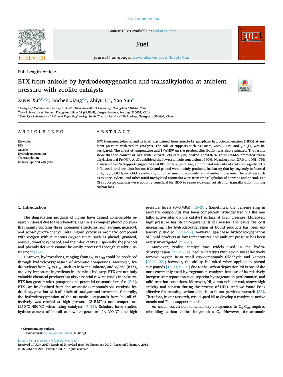 BTX from anisole by hydrodeoxygenation and transalkylation at ambient pressure with zeolite catalysts