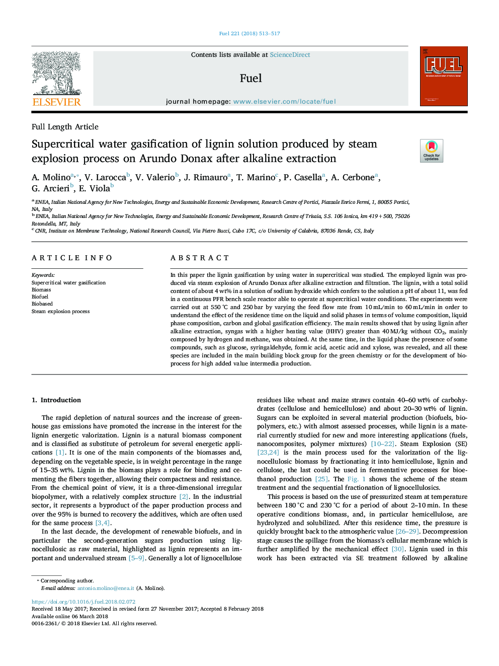 Supercritical water gasification of lignin solution produced by steam explosion process on Arundo Donax after alkaline extraction