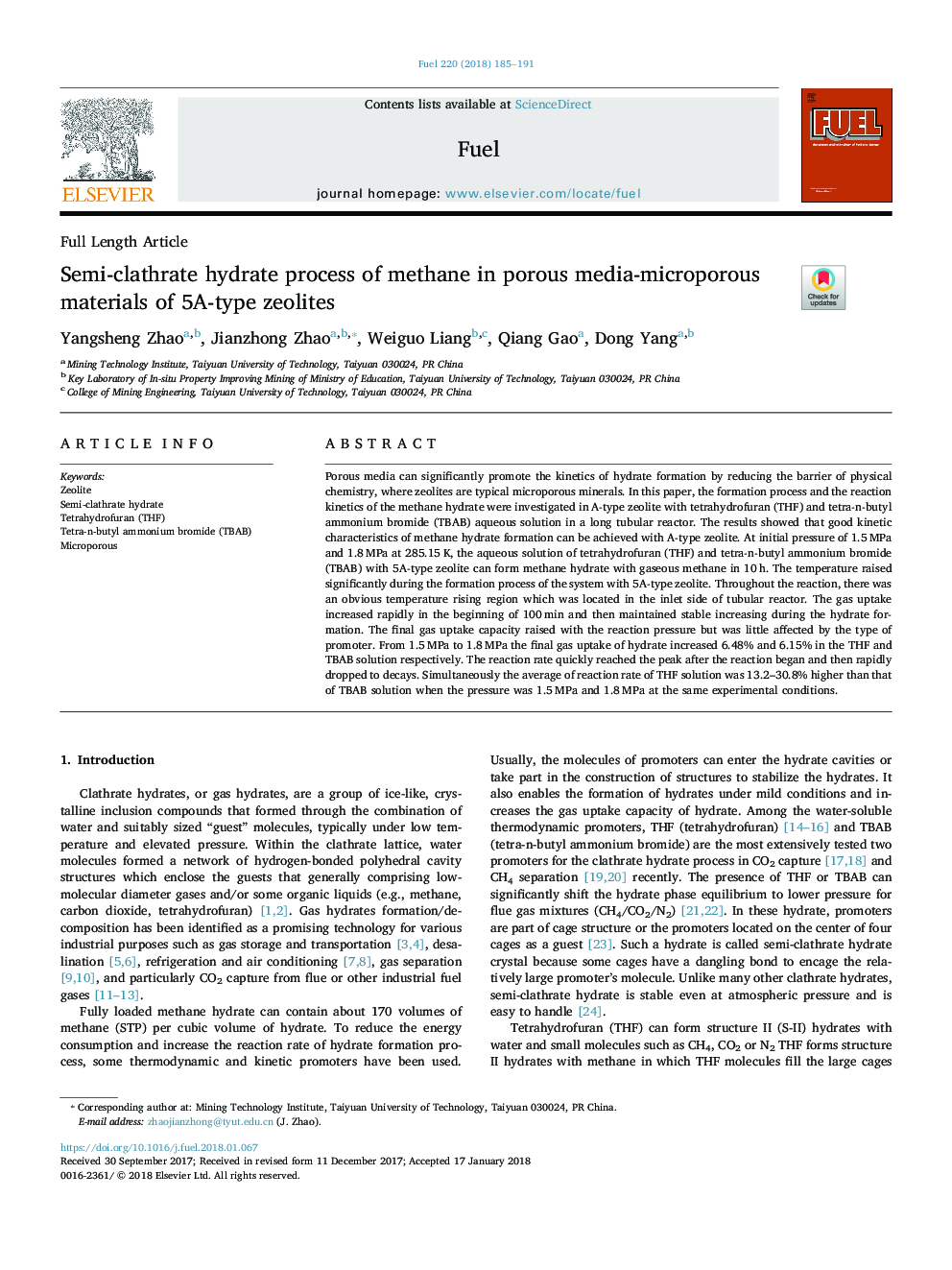 عکس صفحه اول مقاله: Semi-clathrate hydrate process of methane in porous media-microporous materials of 5A-type zeolites Semi-clathrate hydrate process of methane in porous media-microporous materials of 5A-type zeolites