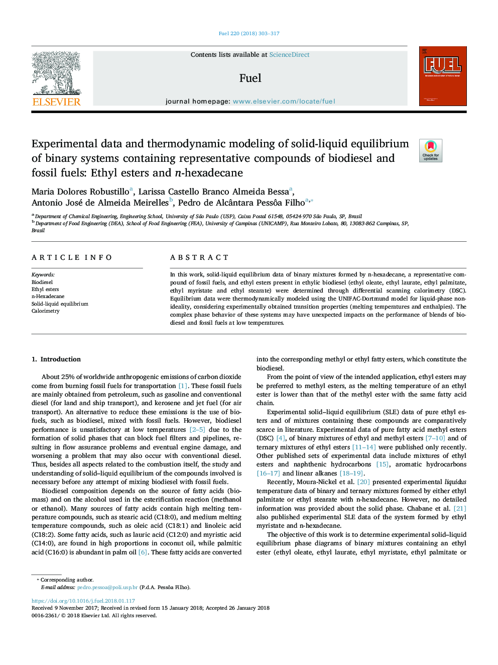 Experimental data and thermodynamic modeling of solid-liquid equilibrium of binary systems containing representative compounds of biodiesel and fossil fuels: Ethyl esters and n-hexadecane