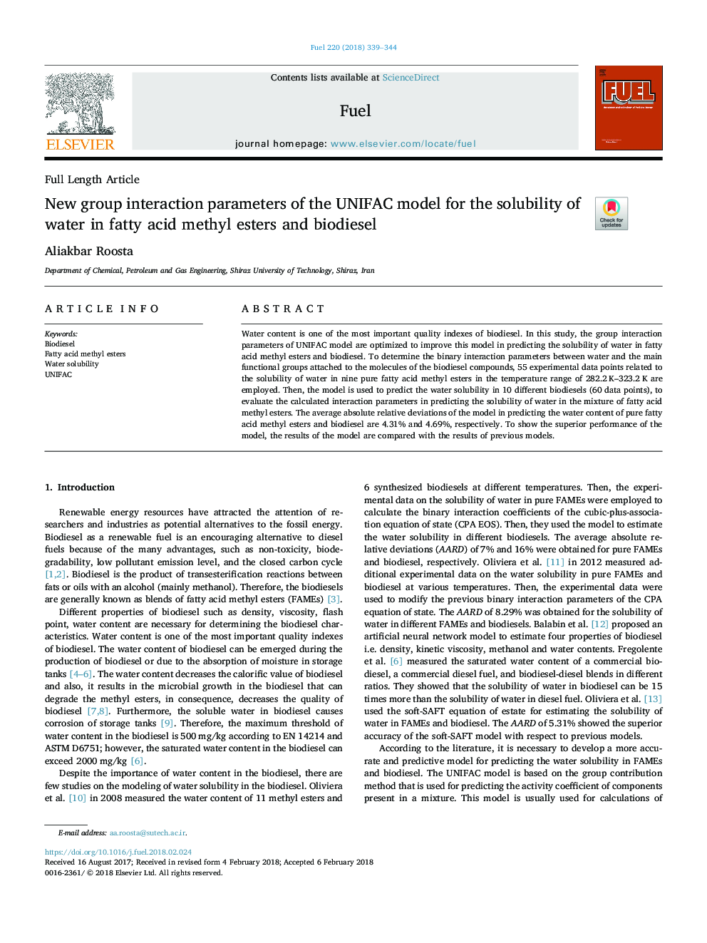 New group interaction parameters of the UNIFAC model for the solubility of water in fatty acid methyl esters and biodiesel