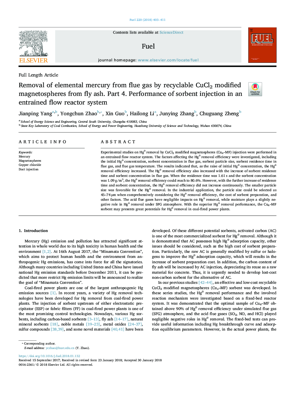 Removal of elemental mercury from flue gas by recyclable CuCl2 modified magnetospheres from fly ash. Part 4. Performance of sorbent injection in an entrained flow reactor system