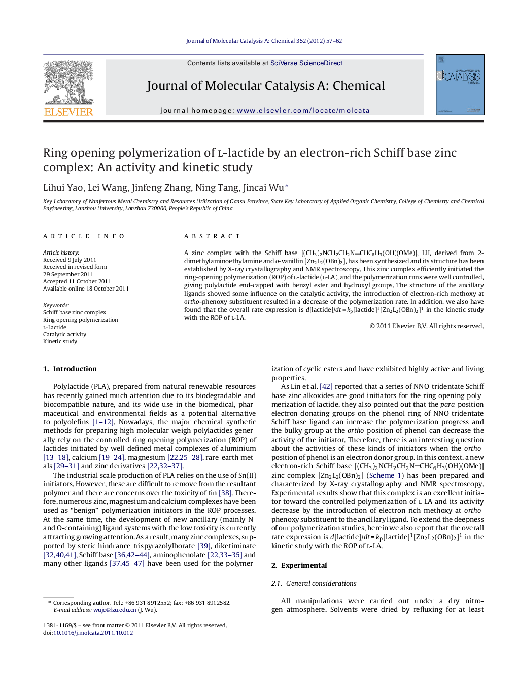 Ring opening polymerization of l-lactide by an electron-rich Schiff base zinc complex: An activity and kinetic study