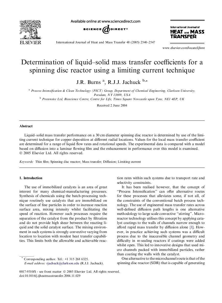 Determination of liquid-solid mass transfer coefficients for a spinning disc reactor using a limiting current technique