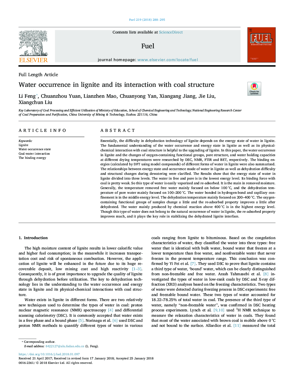 Water occurrence in lignite and its interaction with coal structure