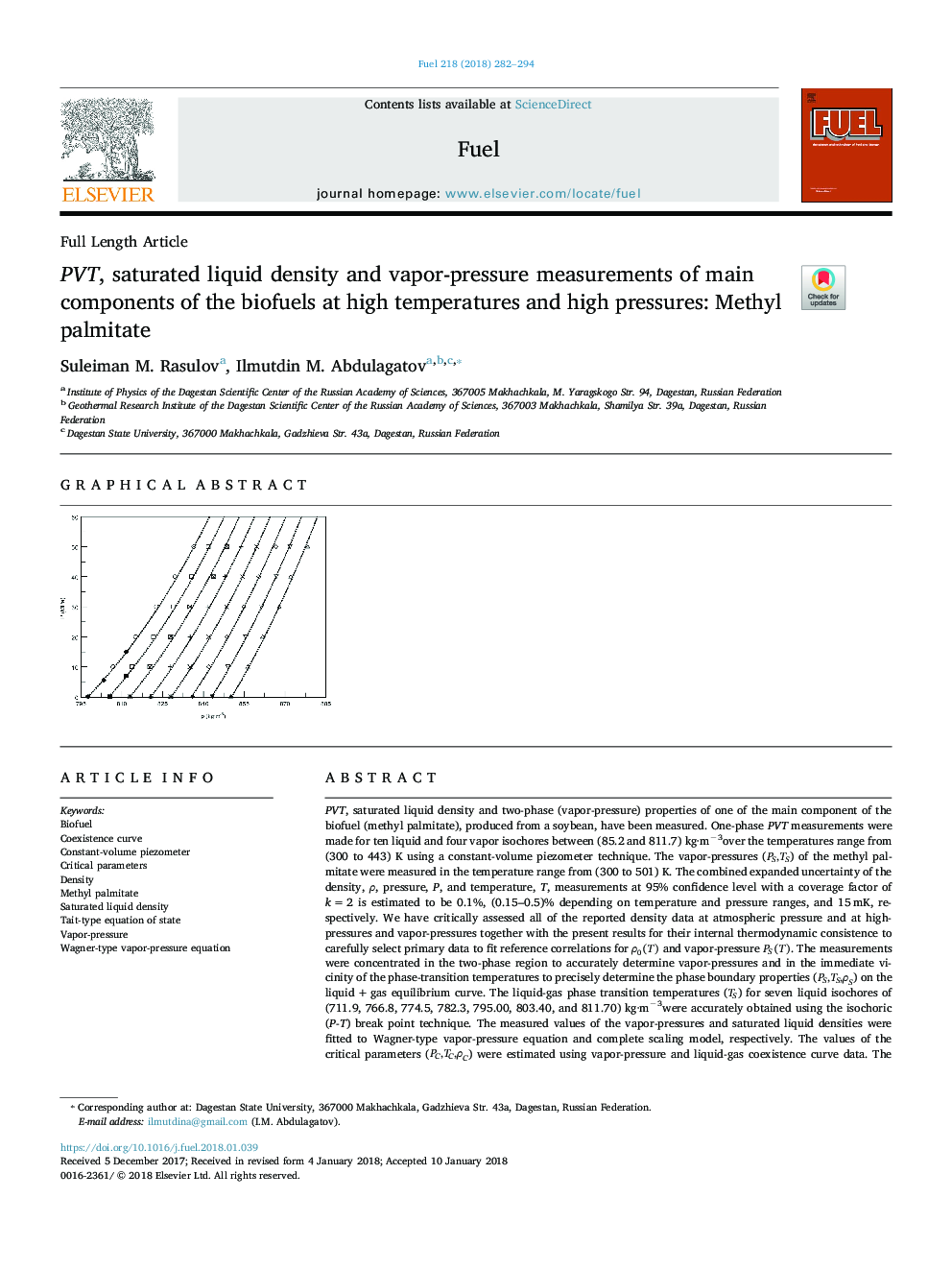 PVT, saturated liquid density and vapor-pressure measurements of main components of the biofuels at high temperatures and high pressures: Methyl palmitate