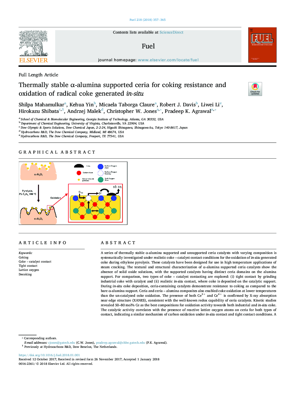 Thermally stable Î±-alumina supported ceria for coking resistance and oxidation of radical coke generated in-situ