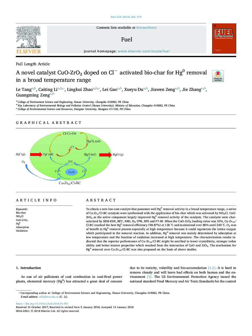 A novel catalyst CuO-ZrO2 doped on Clâ activated bio-char for Hg0 removal in a broad temperature range