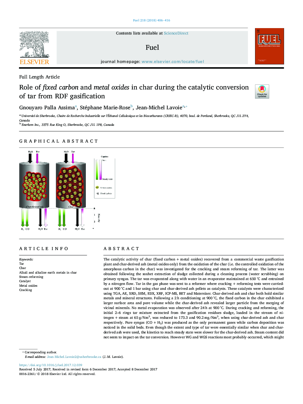 Role of fixed carbon and metal oxides in char during the catalytic conversion of tar from RDF gasification