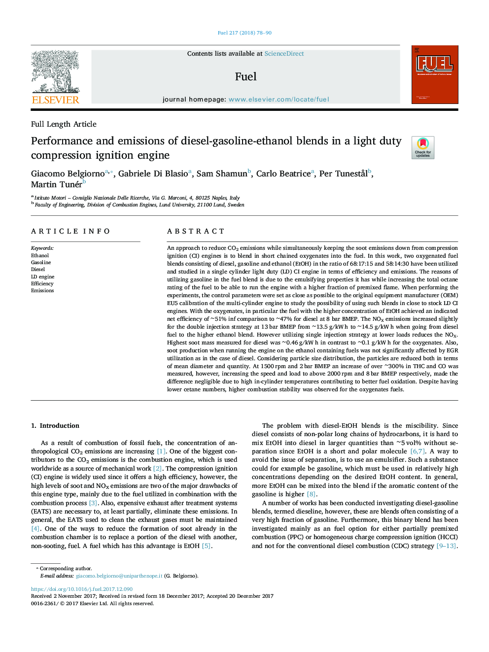 Performance and emissions of diesel-gasoline-ethanol blends in a light duty compression ignition engine