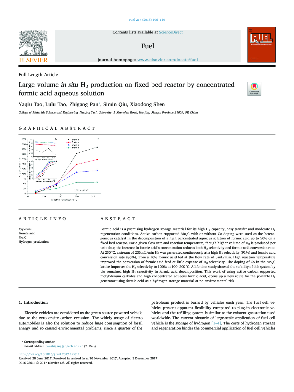 Large volume in situ H2 production on fixed bed reactor by concentrated formic acid aqueous solution