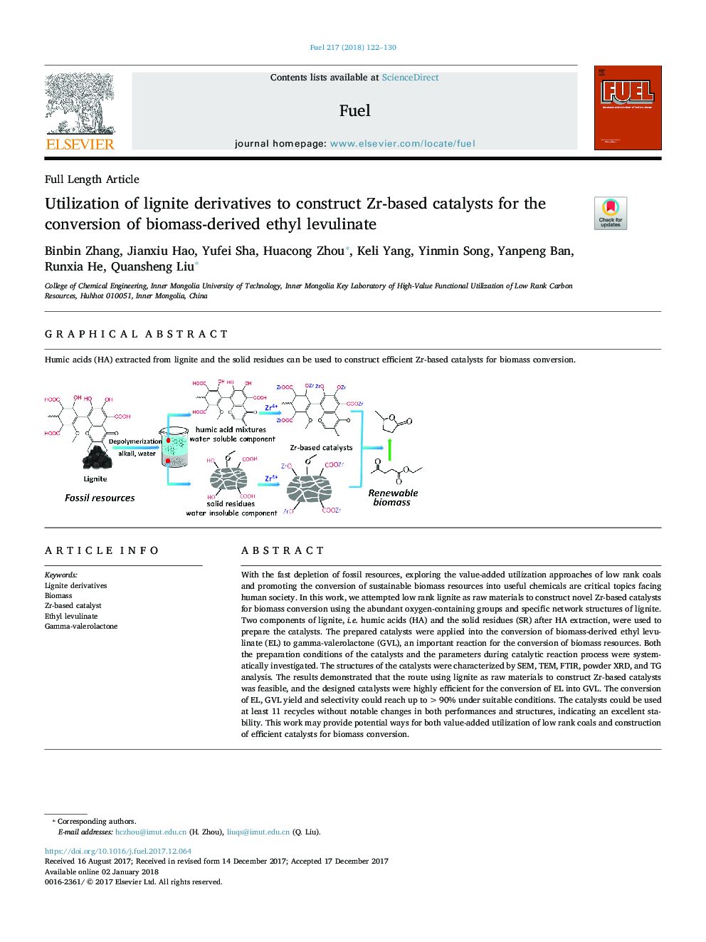 Utilization of lignite derivatives to construct Zr-based catalysts for the conversion of biomass-derived ethyl levulinate