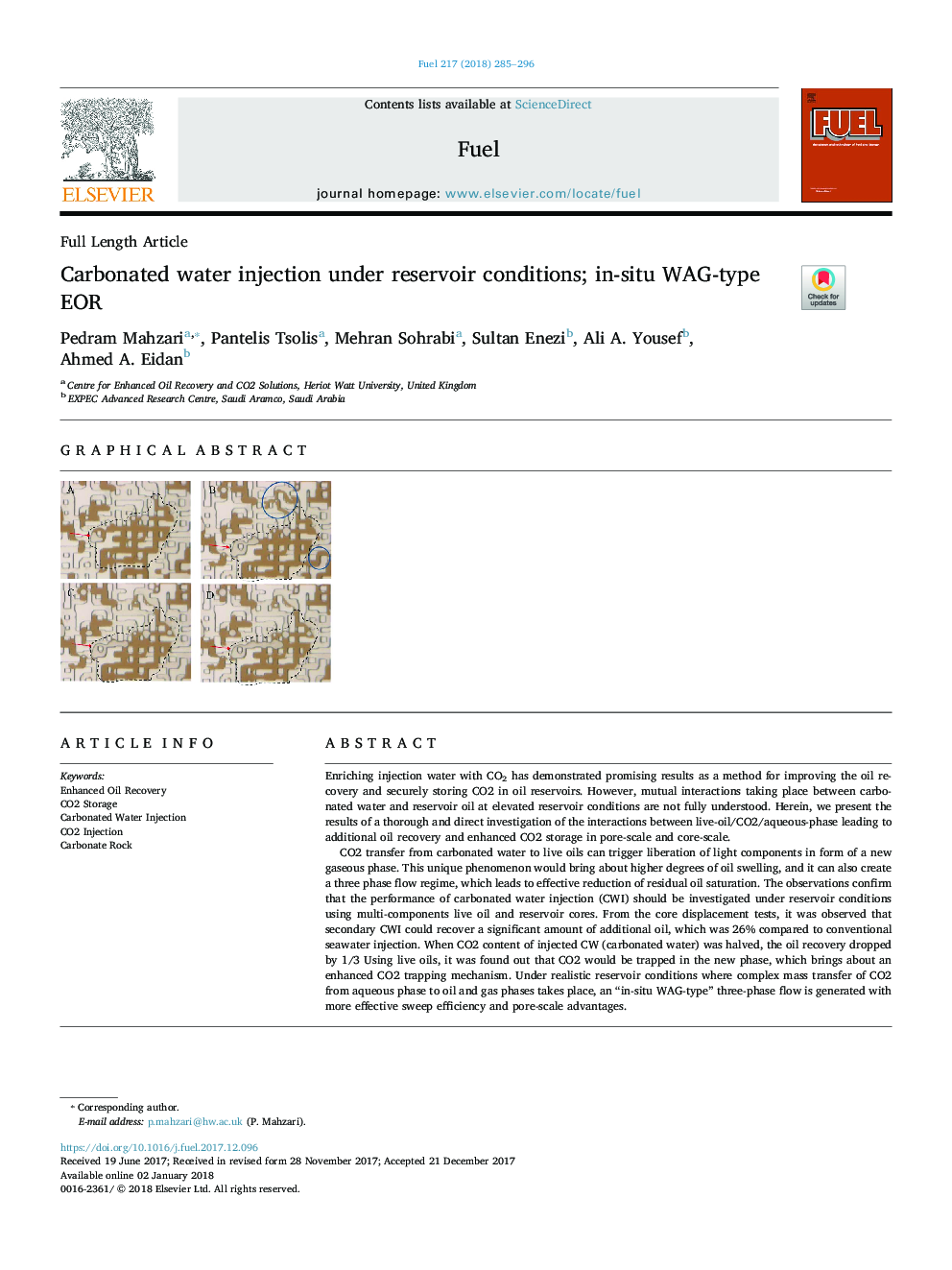 Carbonated water injection under reservoir conditions; in-situ WAG-type EOR