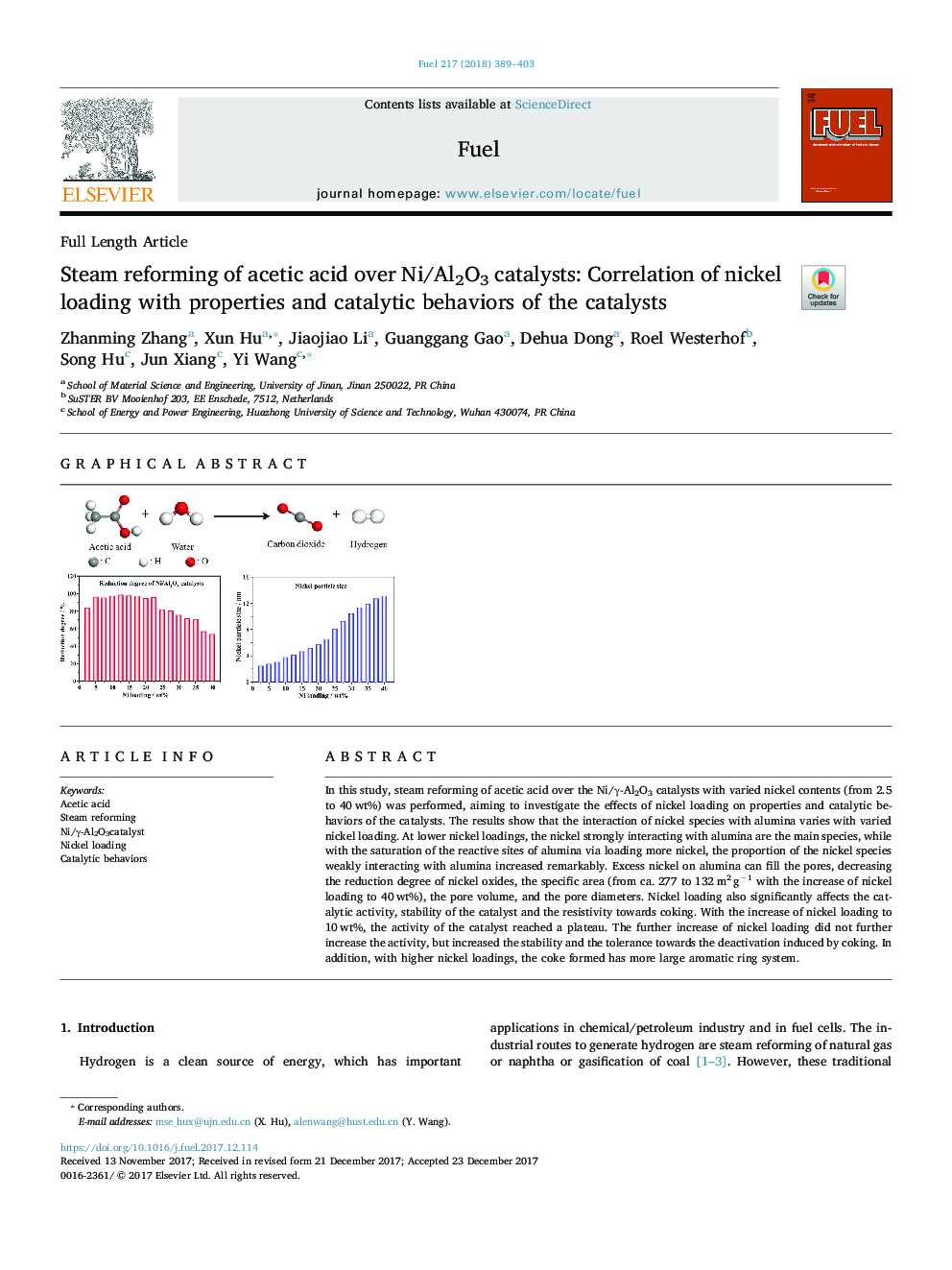 Steam reforming of acetic acid over Ni/Al2O3 catalysts: Correlation of nickel loading with properties and catalytic behaviors of the catalysts