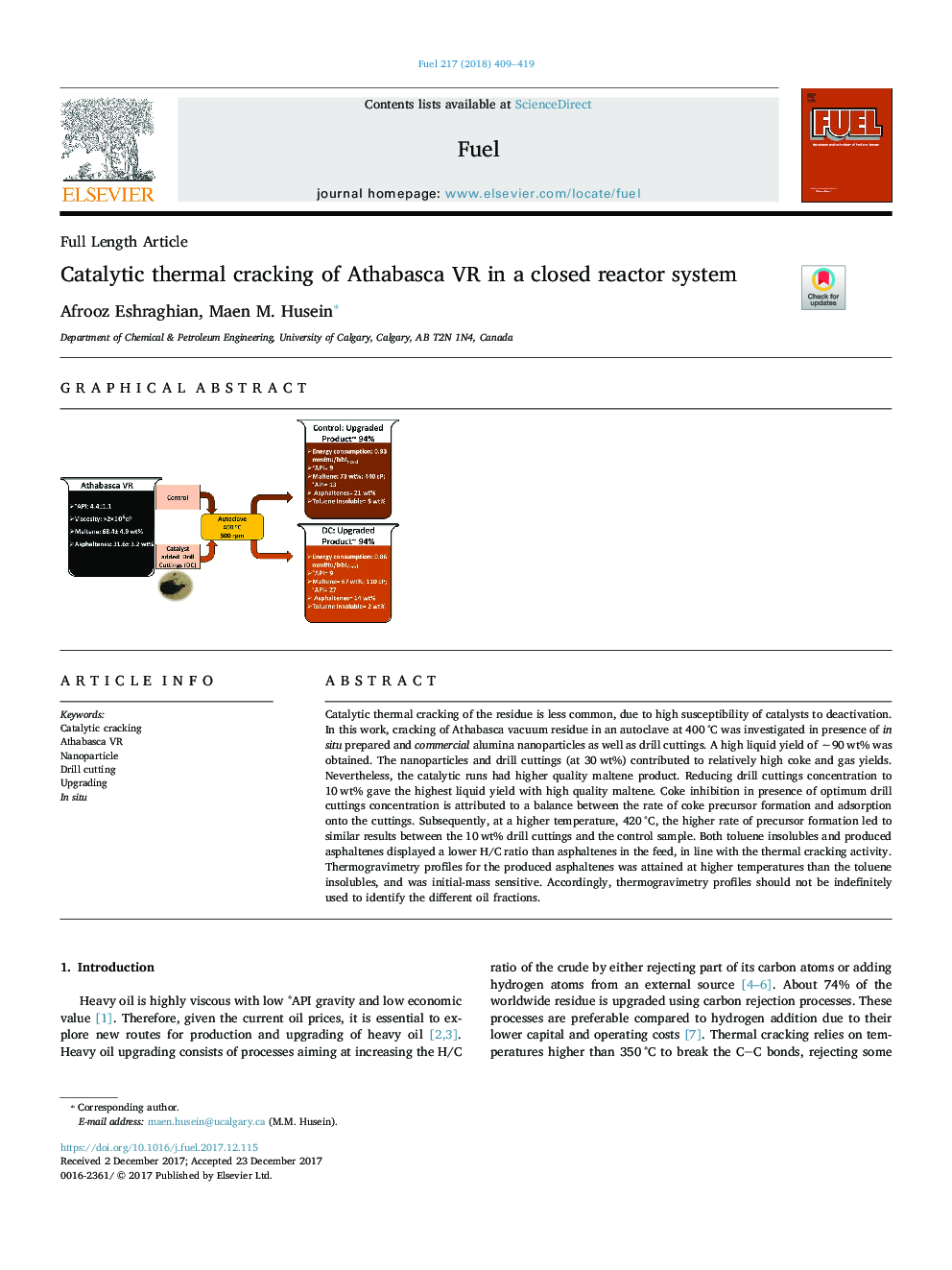 Catalytic thermal cracking of Athabasca VR in a closed reactor system