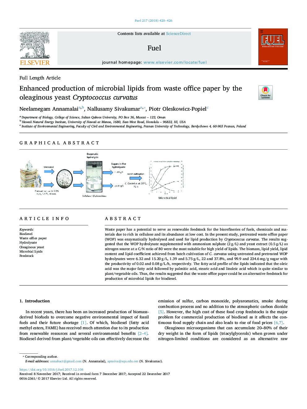 Enhanced production of microbial lipids from waste office paper by the oleaginous yeast Cryptococcus curvatus