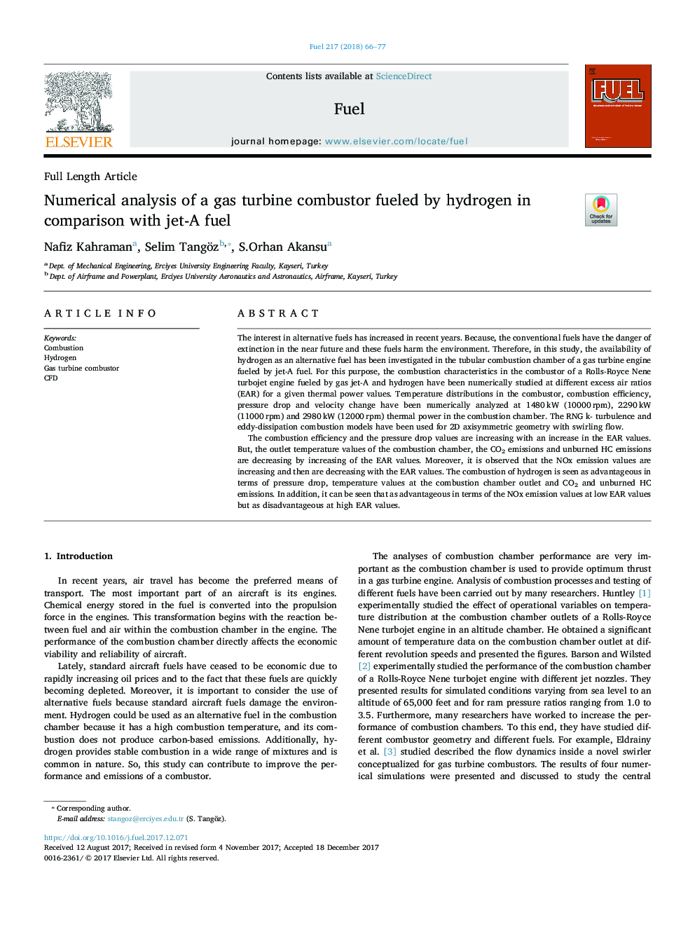 Numerical analysis of a gas turbine combustor fueled by hydrogen in comparison with jet-A fuel