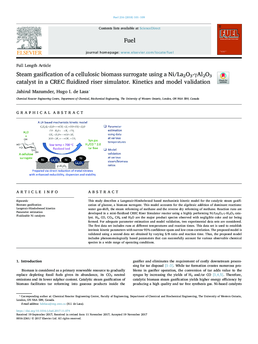 Steam gasification of a cellulosic biomass surrogate using a Ni/La2O3-Î³Al2O3 catalyst in a CREC fluidized riser simulator. Kinetics and model validation