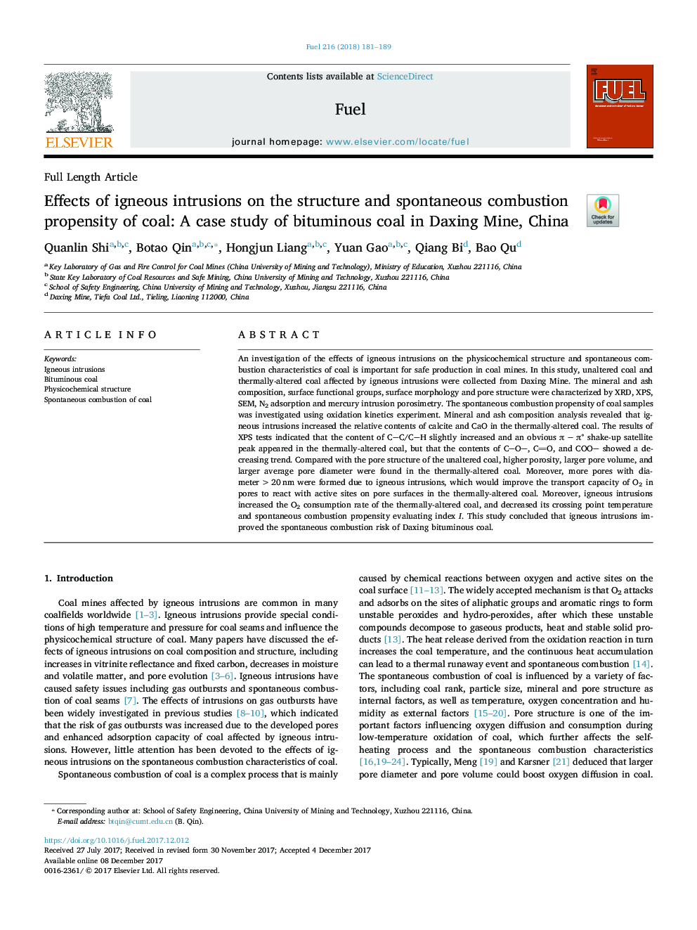 Effects of igneous intrusions on the structure and spontaneous combustion propensity of coal: A case study of bituminous coal in Daxing Mine, China