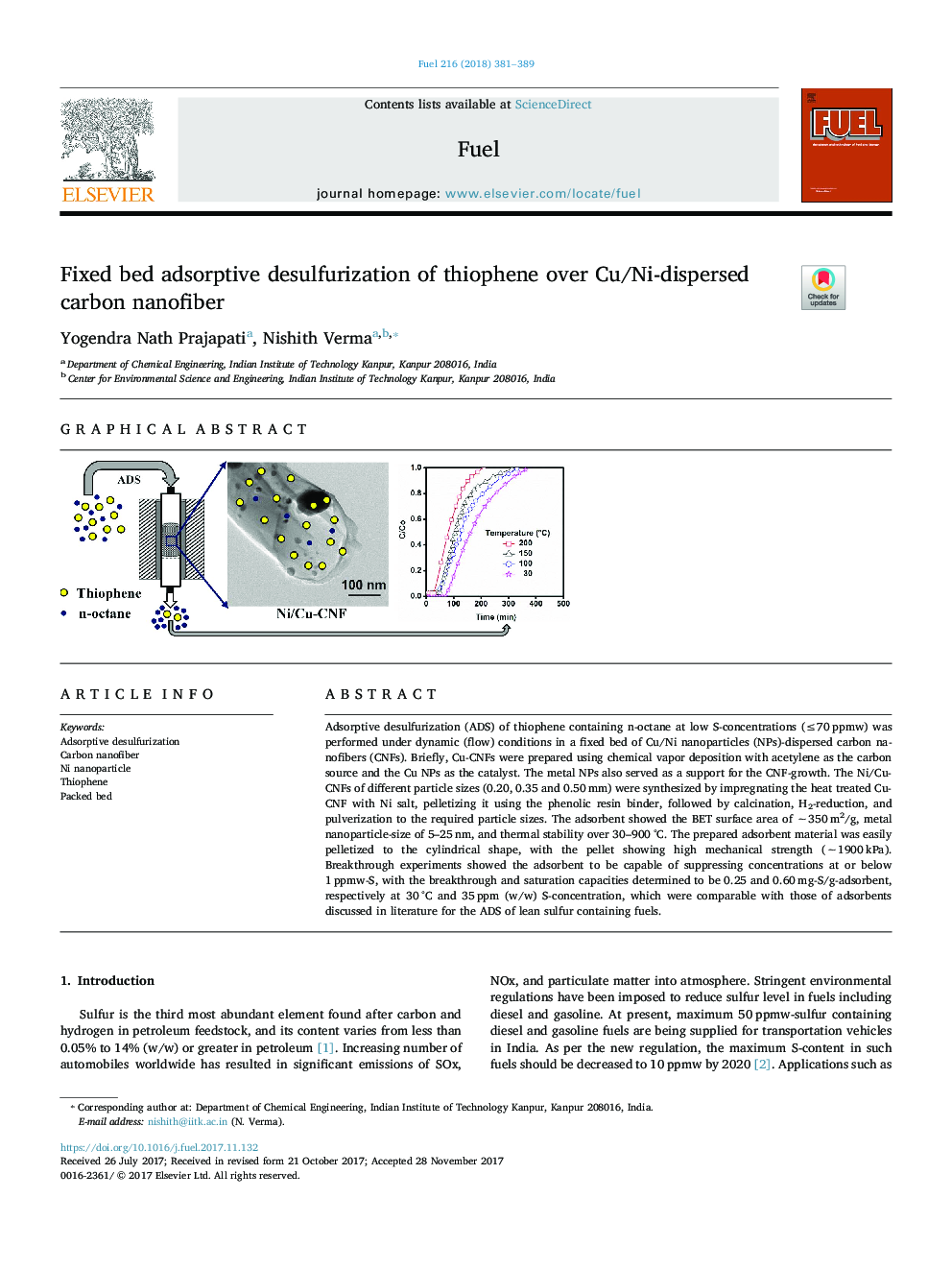 Fixed bed adsorptive desulfurization of thiophene over Cu/Ni-dispersed carbon nanofiber