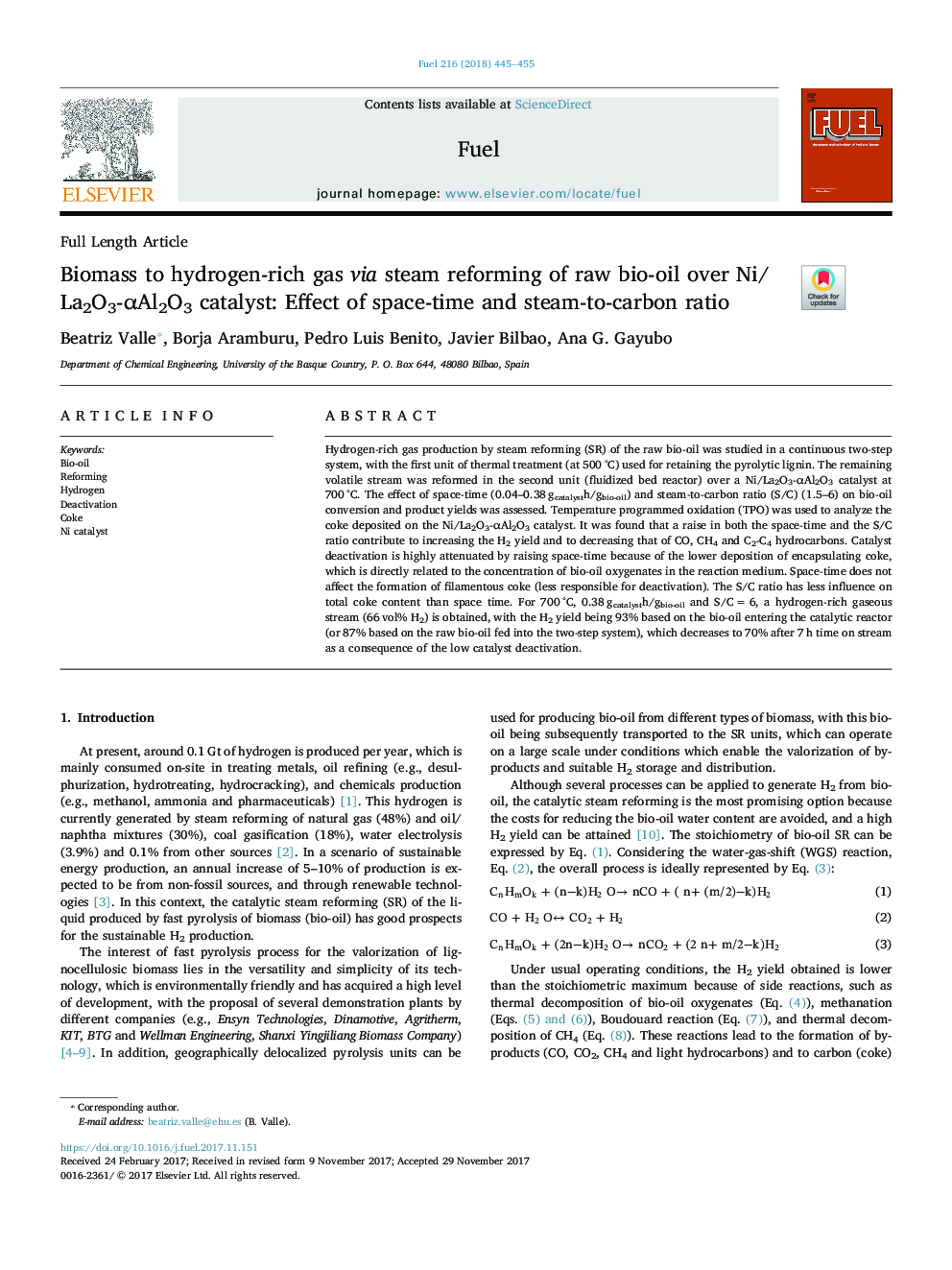 Biomass to hydrogen-rich gas via steam reforming of raw bio-oil over Ni/La2O3-Î±Al2O3 catalyst: Effect of space-time and steam-to-carbon ratio