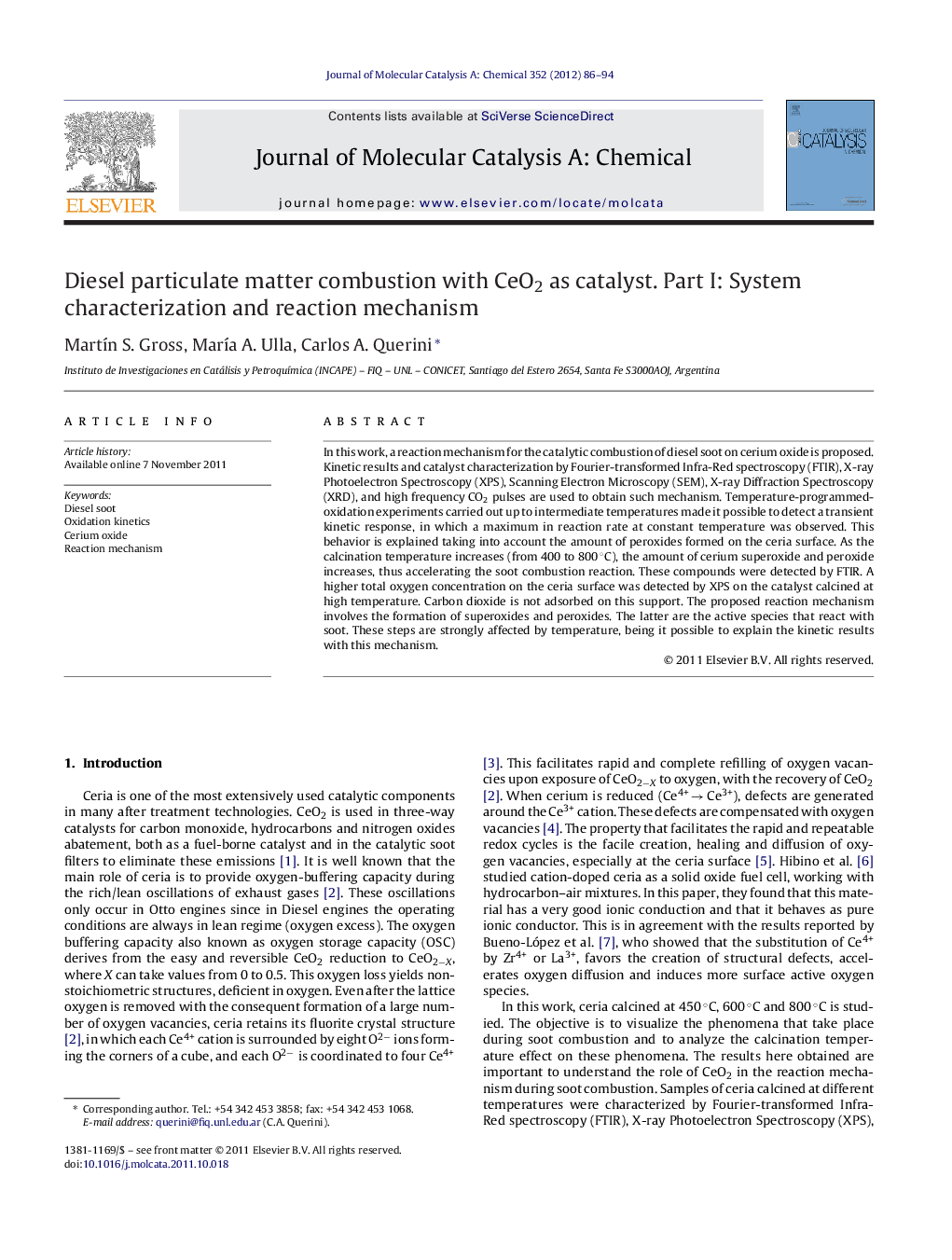 Diesel particulate matter combustion with CeO2 as catalyst. Part I: System characterization and reaction mechanism